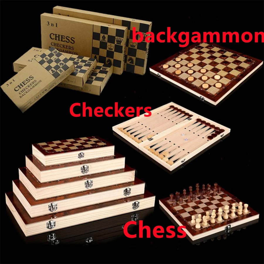 3in1 Wooden Chess Foldable Portable Puzzle Chess and Card Game