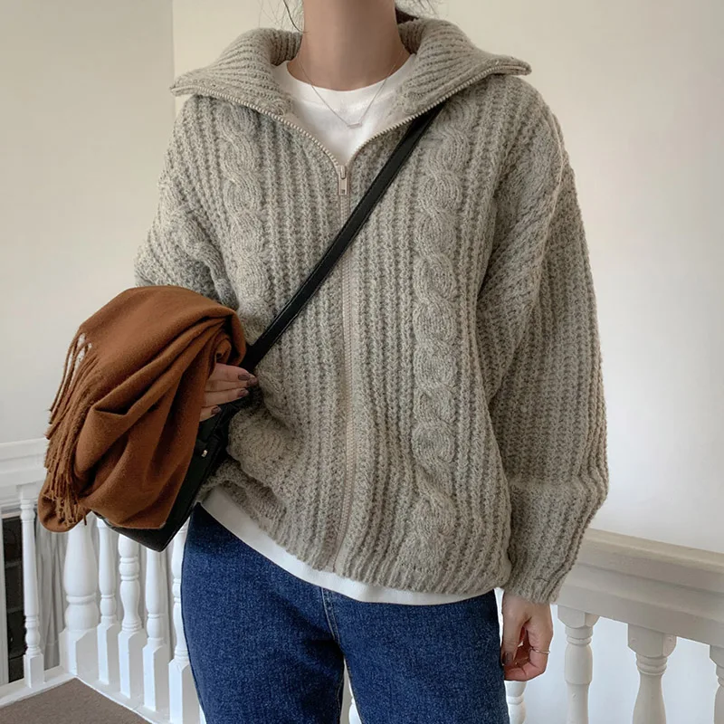 

Korean Style Female Sweater Autumn Winter Zipper Fly Turtleneck Long Sleeve Women's Knitted Cardigans Twists Sweaters Jackets