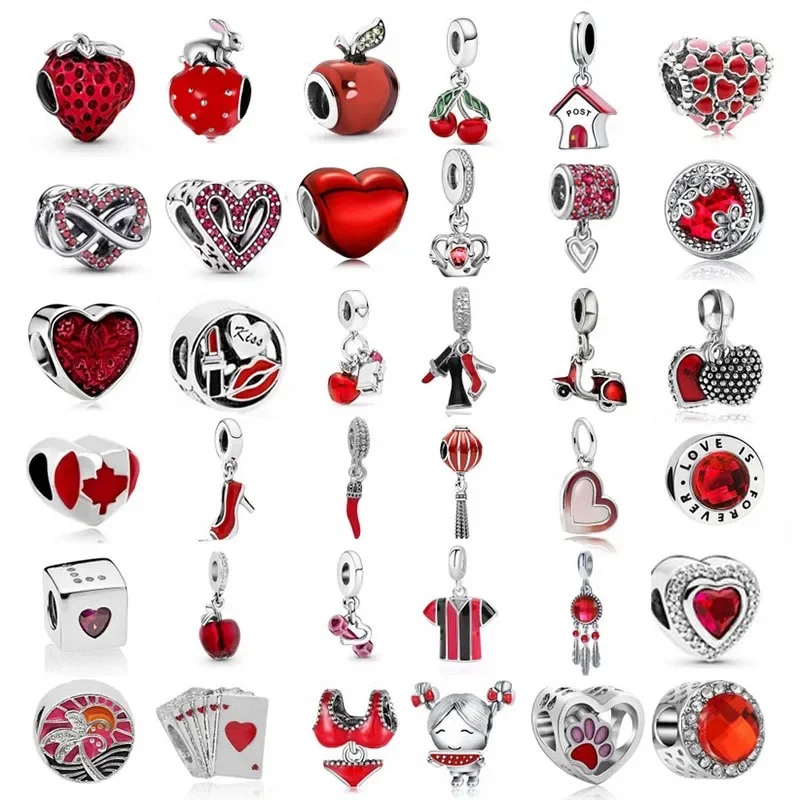 

Бусины-подвески «сделай сам» красного цвета в европейском стиле, с изображением яблока, кролика, сердца, клубники, подходят для оригинальных браслетов, шармов, подарков