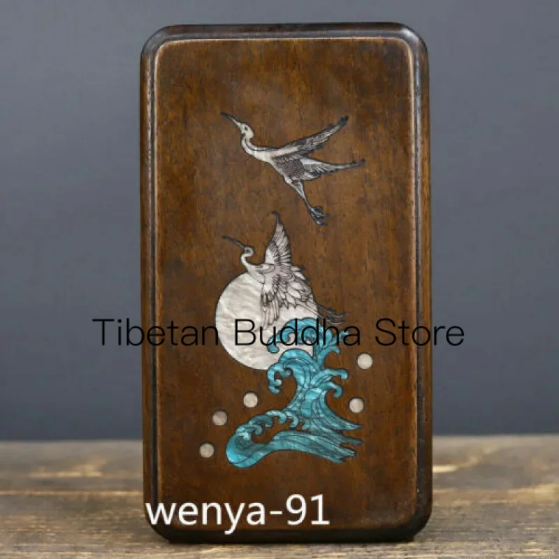 

8-Inch Old Chinese Bubinga Inlaid Shell Red Crown Crane Box.