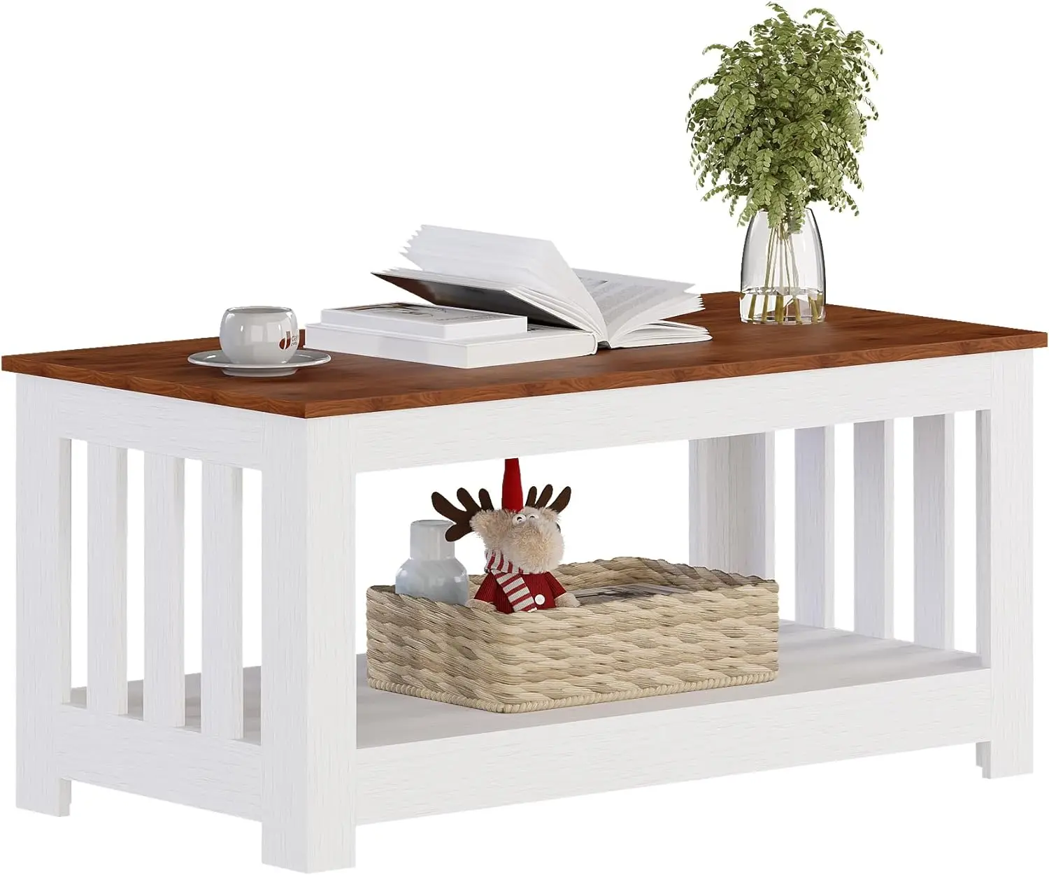 Comfort Corner Wooden Coffee Table - Walnut & White Coffee Table with Storage, 2-Tier Rectangular Console Living Room
