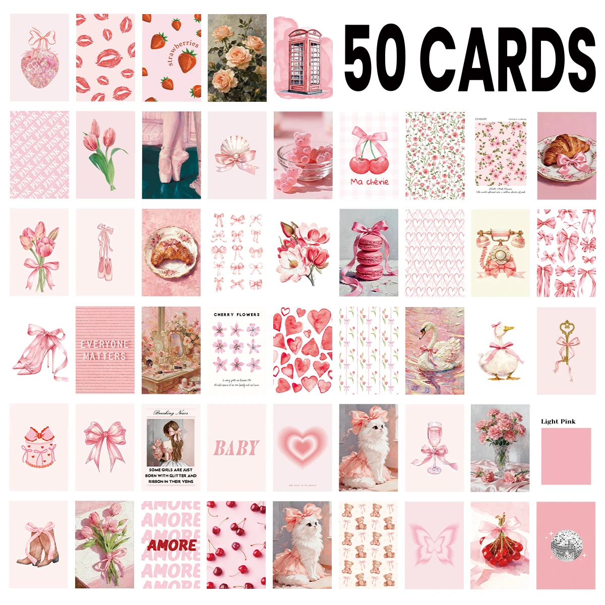스티커가 포함된 50개 핑크 테마 벽 카드, DIY 홈 룸 아트 장식, 파티 배경..