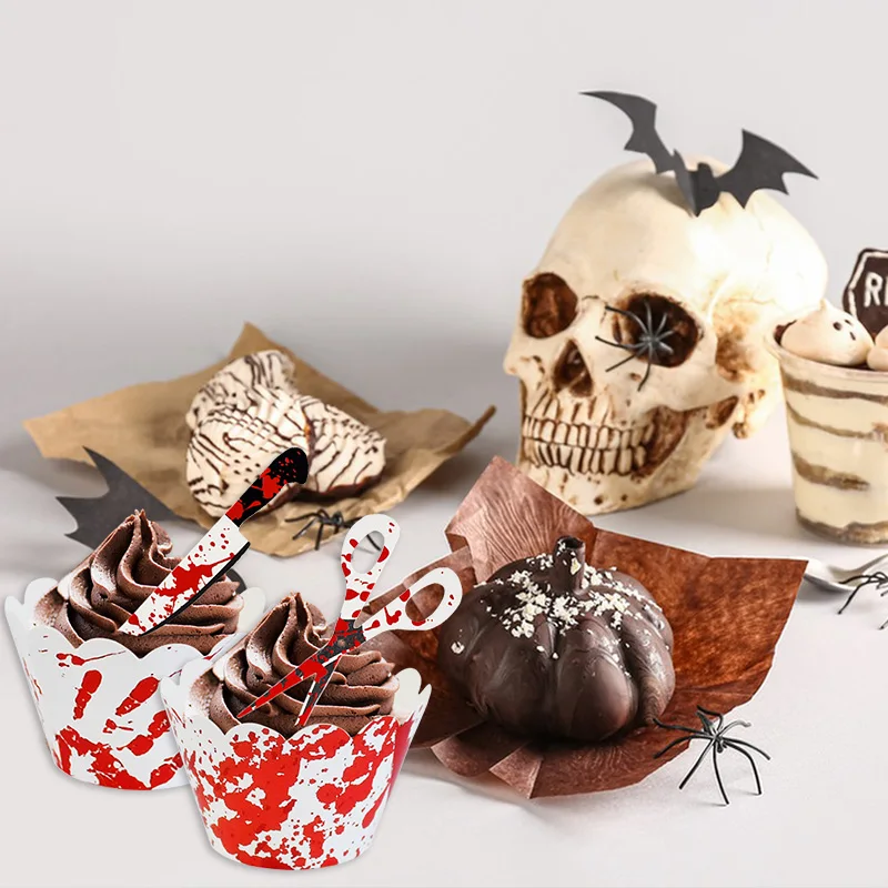 24/48Pcs Halloween Cupcake Wrapper Toppers Bloody Knife Scissors Cake Decoration Halloween Birthday Party Supplies Baking Tools