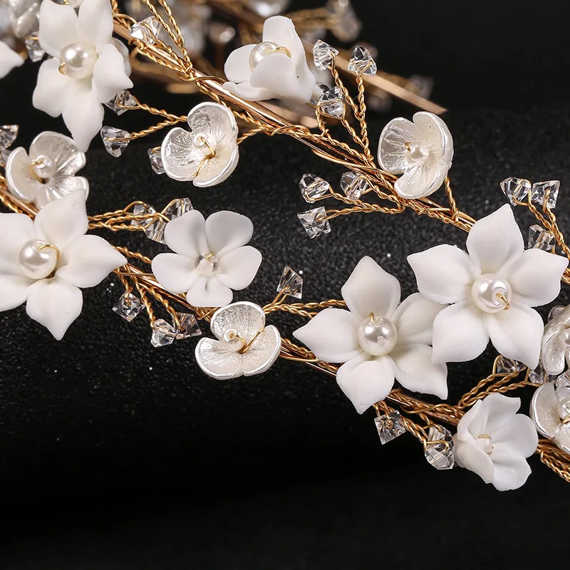 Gold Color Double-layer Crystal Bridal Headwear, Hair Jewelry Ceramic Flower Pearl Crown For Women Wedding Hair Accessories
