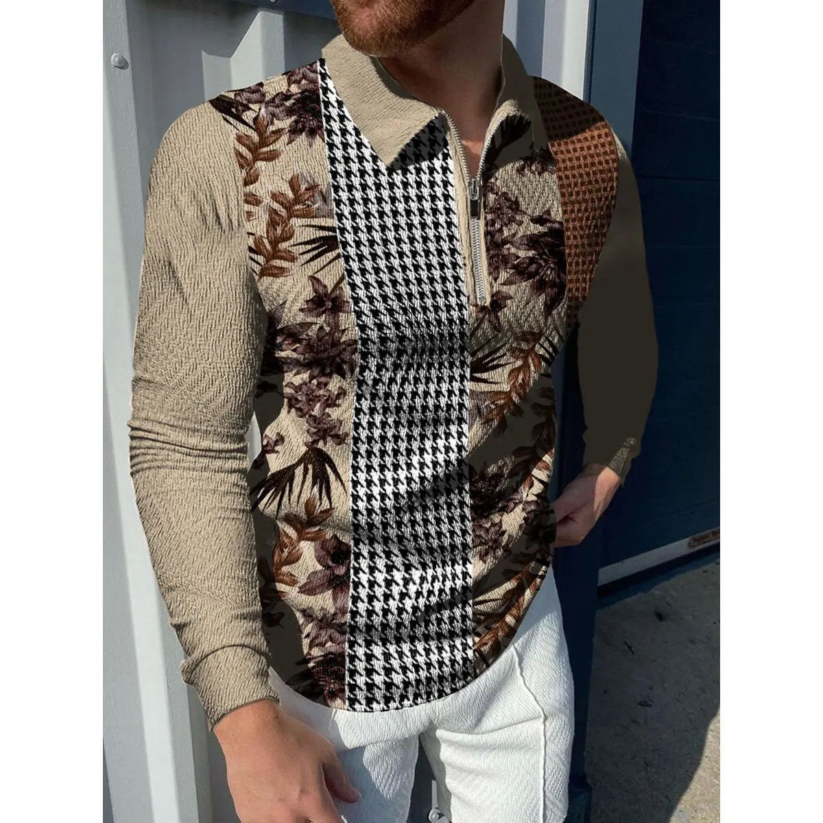 

Men's Printed Zipper Casual Polo Shirt men-s-top Color 10
