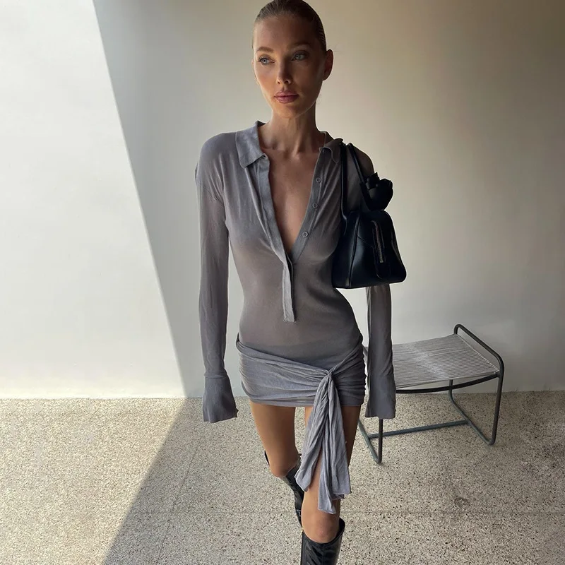 Fashion Sexy See-Through MIni Dress For Women Lapel Pleated See-Through Bandage High Waist Dress Female Solid Mini Dress