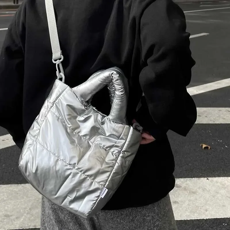 

Silver Cotton Space Women Handbag Casual Nylon Padded Tote Mini Quilted Shoulder Crossbody Bags for Women Plaids Designer Bag