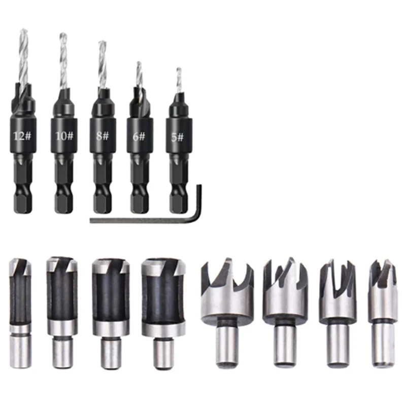 14 pcs faipari dugasz Terrier Kutter chamfered dugasz Kutter Kiütközik bits five-slot countersink Kiütközik 1/4 hüvelykes Rontás Csavarkulcs Munkaeszköz állítsa