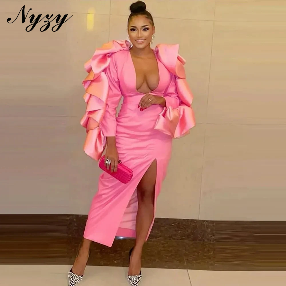 NYZY E525 Ankle-length Satin Deep V-neck Sexy Cocktail Dresses Pink Date Birthday Evening Party Gowns Customized