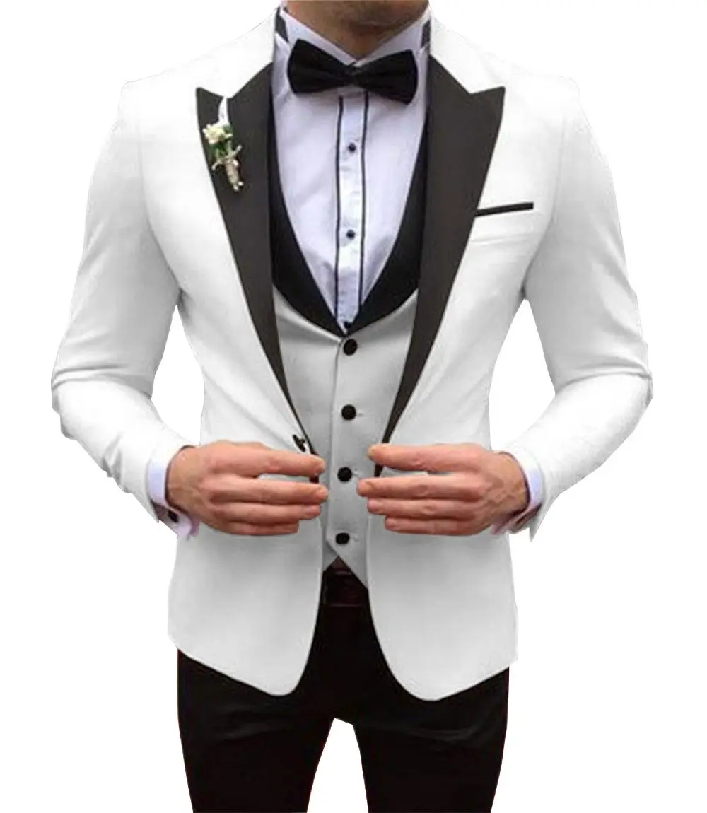 Mens White Suits Slim Fit 3 Pieces Business Jacket Tuxedos Blazer Gentleman for Wedding Groom Prom Evening Party School