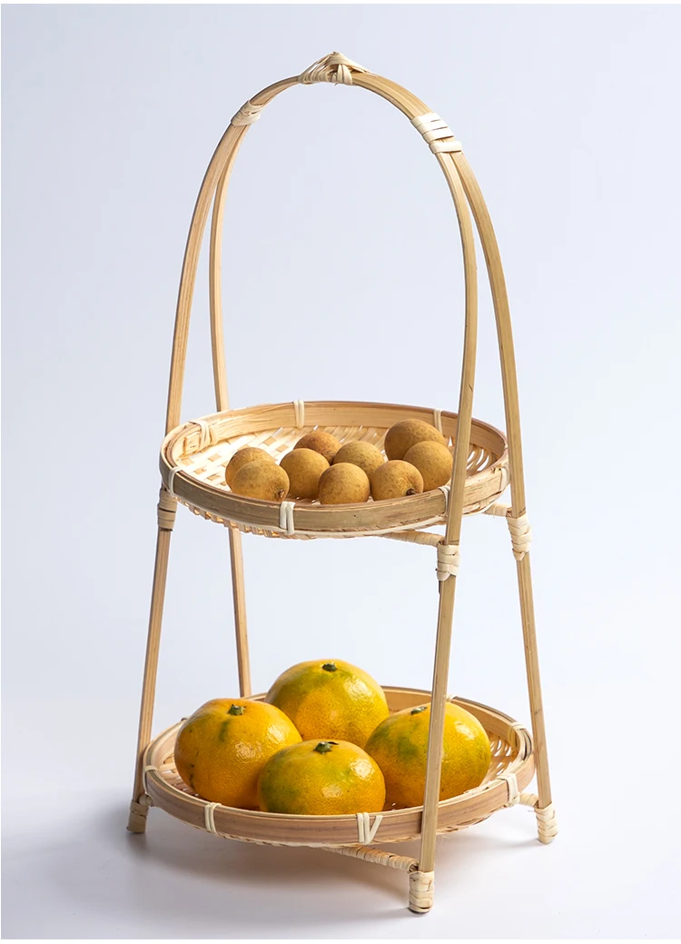 

1 PC Bamboo Weaving Basket Round Handle Fruit Pastry Tray Creative Multi Layer