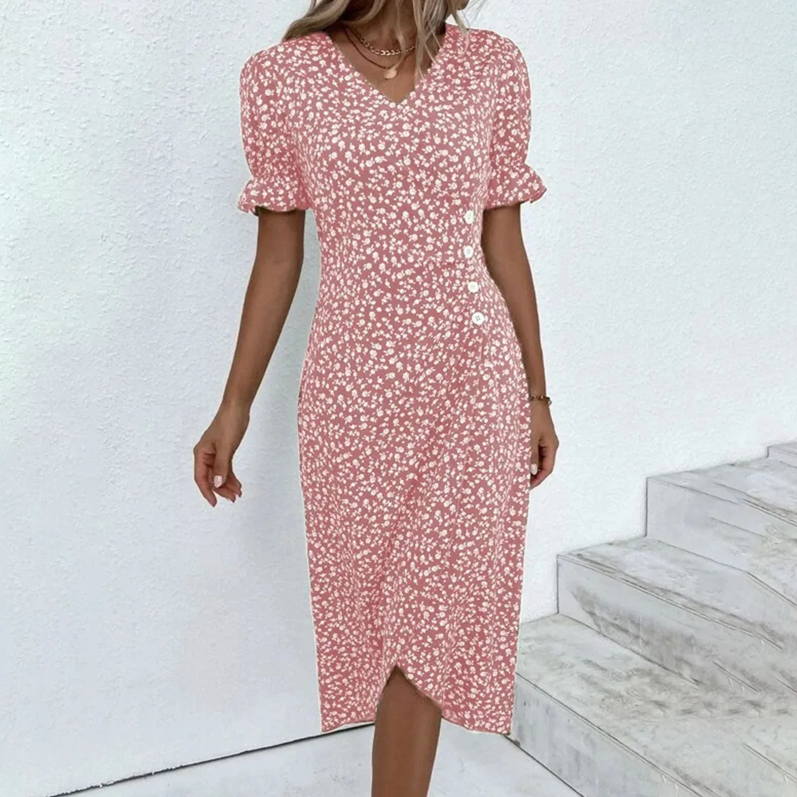 

Elegant Floral Pleated H shaped Midi Dress Female V Neck Puff Sleeve Waist Ruched Button Dresses Women Summer Dress Robe