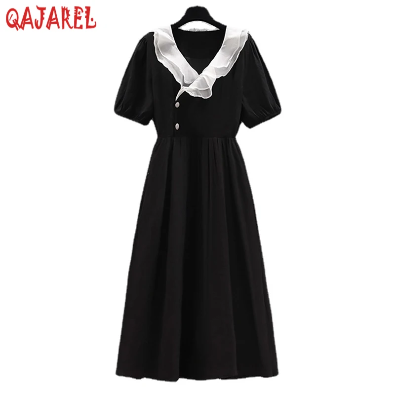 

Women Black Short Sleeve Chic Rufffled V-Neck Midi Dress 2023 Korean Vintage Hepburn Dress Summer Elegant Bodycon Party Vestidos
