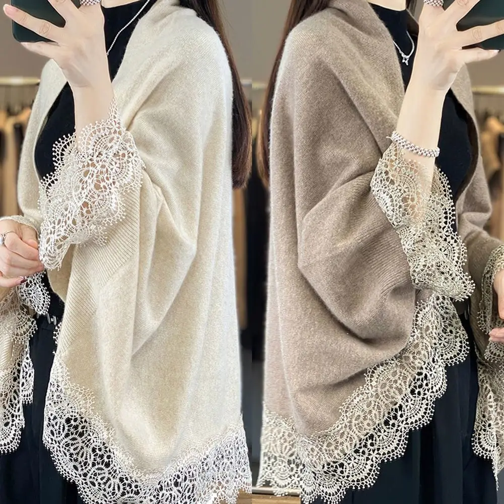 Luxurious Women's Wool Knitted Shawl with Lace Edge - Skin Friendly & Breathable Scarf