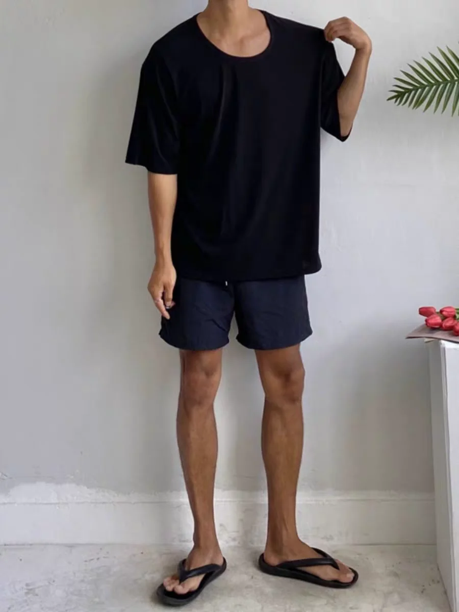 Laid-ba Sle Ice Silk Cotton Men's T-irt Loose Fit ort Sve Spor Pull-over Top Breathable Cool Feeling Summer Wear