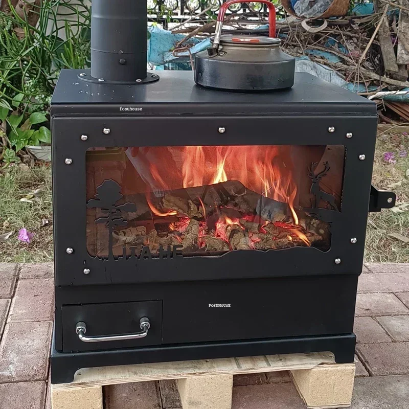 เตาผิงกลางแจ้งแบบใช้ฟืนจริง สไตล์อเมริกัน พร้อมปล่องไฟ เตาไม้เหล็ก สำหรับบ้านชนบท เตาเผาเม็ดเชื้อเพลิงในร่ม 1