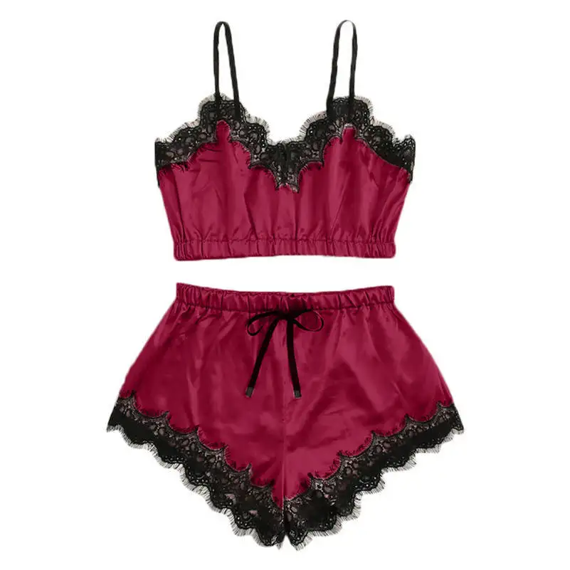 New Lingerie Sexy Bra Set Women's Sleepwear Sleeveless Strap Lace Trim Satin Cami Tops Pajama Sets Bras Women Brief Sets ﻿