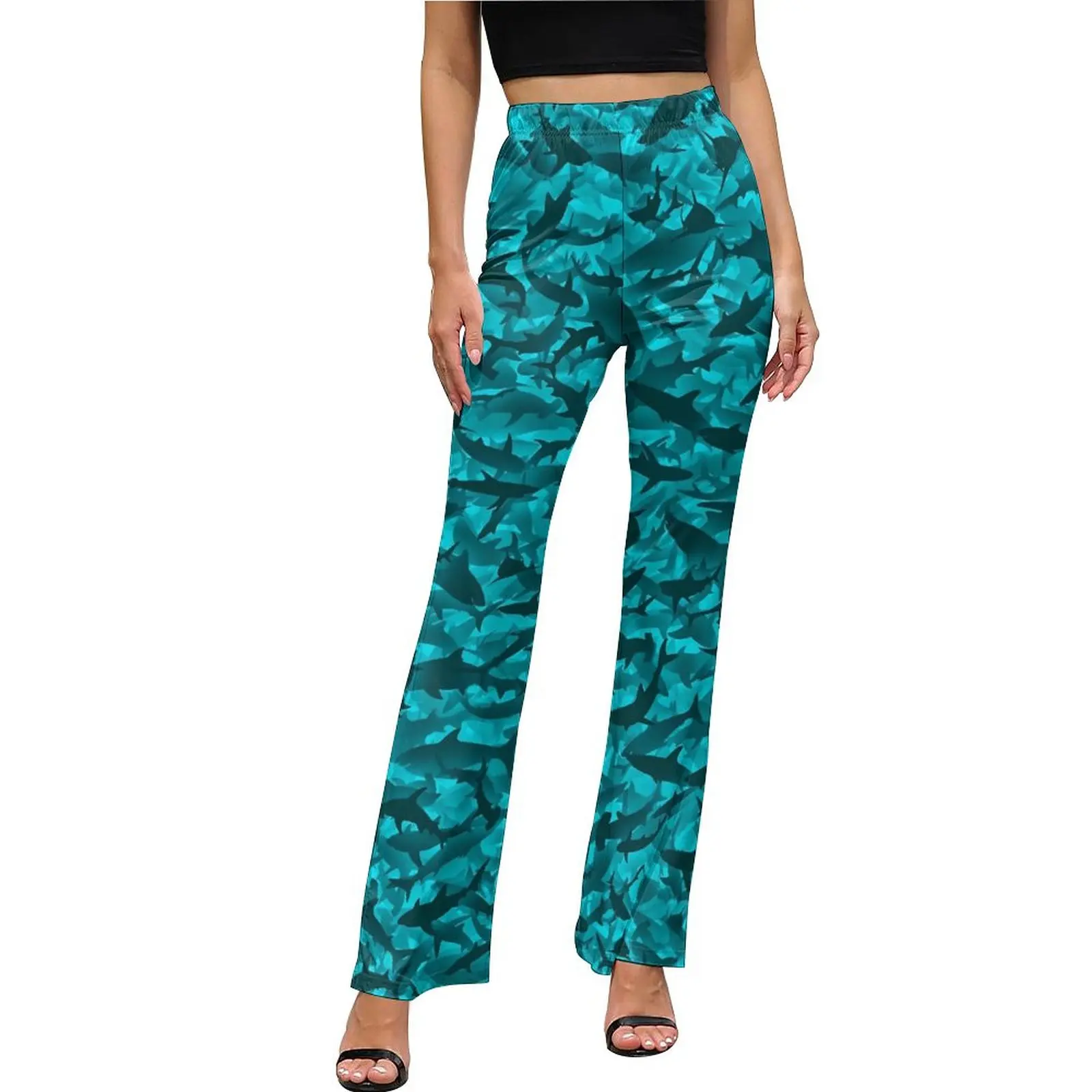 

Брюки-клеш Женские с принтом животных, домашние дизайнерские узкие штаны с черными акулами, летняя уличная одежда