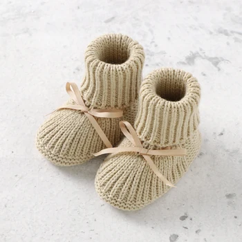 Newborn Baby Shoes Knitted Infant Girls Boys Boots Cute Butterfly-knot Toddler Walk Bed Shoes Warm 0-18M Accessories Hats Gloves 1