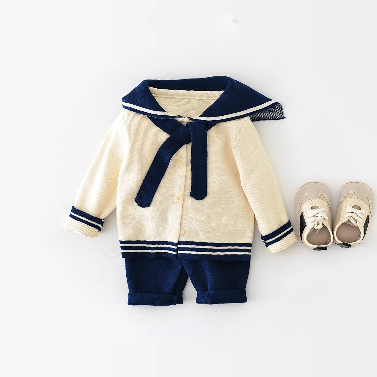 

Autumn Winter Infant Toddler Sweaters Suit Baby Boys Girls Navy Collar Knit Cardigan Sweater Coat+Warm Pants 2 Piece Kids Outfit