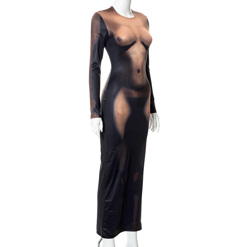 Y2K 3D Body Print Maxi Dress Women Long Sleeve Unique Sexy Body-Shaping Attirewear Robe Party