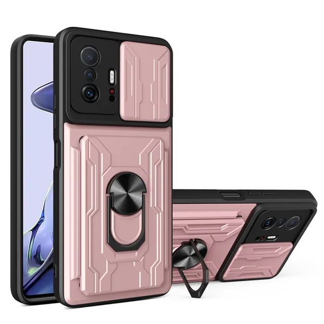 Detachable Card Holder Phone Case For Xiaomi 11T 11 Pro Redmi Note 11 10 Poco X3 Pro Max Slide Stand Kickstand Ring Camera Cover Rose Gold