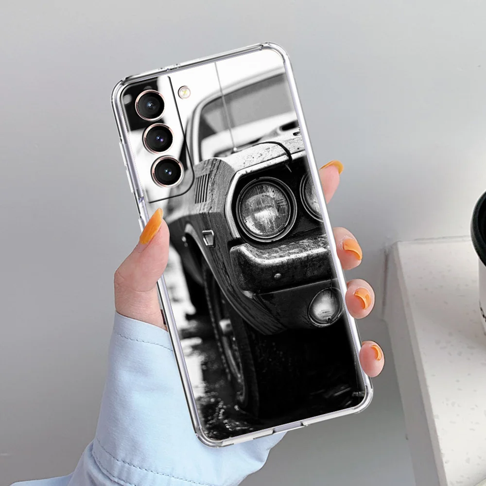 Sleek Soft Clear Black & White Phone Case with Car Design