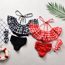 Toddler Baby Kid Girls Two-piece Swimsuit Summer Strap Plaid Print Ruffles Swimwear Bathing Suit Set New Fashion Girls Swimsuit