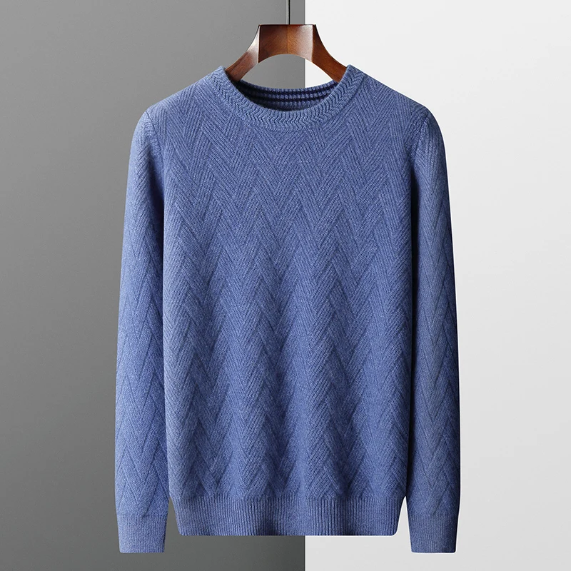 100% pure wool sweater men's round neck jacquard cashmere sweater new thick long-sleeved cashmere sweater in autumn and winter