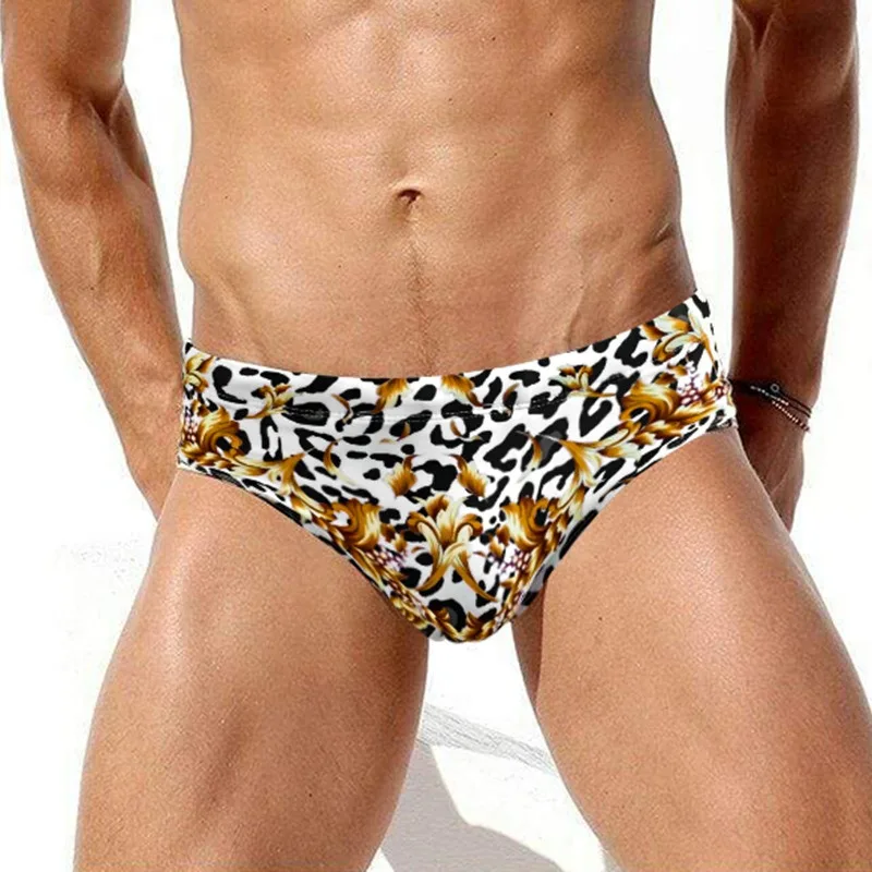 Summer Men Swim Briefs Sexy Low Waisted Leopard Print Swimming Trunks with Cups Sport Beach Shorts Quick Dry BreathableSwimsuit