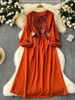 2026 New Spring Autumn Vacation Retro Ethnic Embroidery Dress Lantern Long Sleeve Waist Bohemian Dress A157 - Image 4