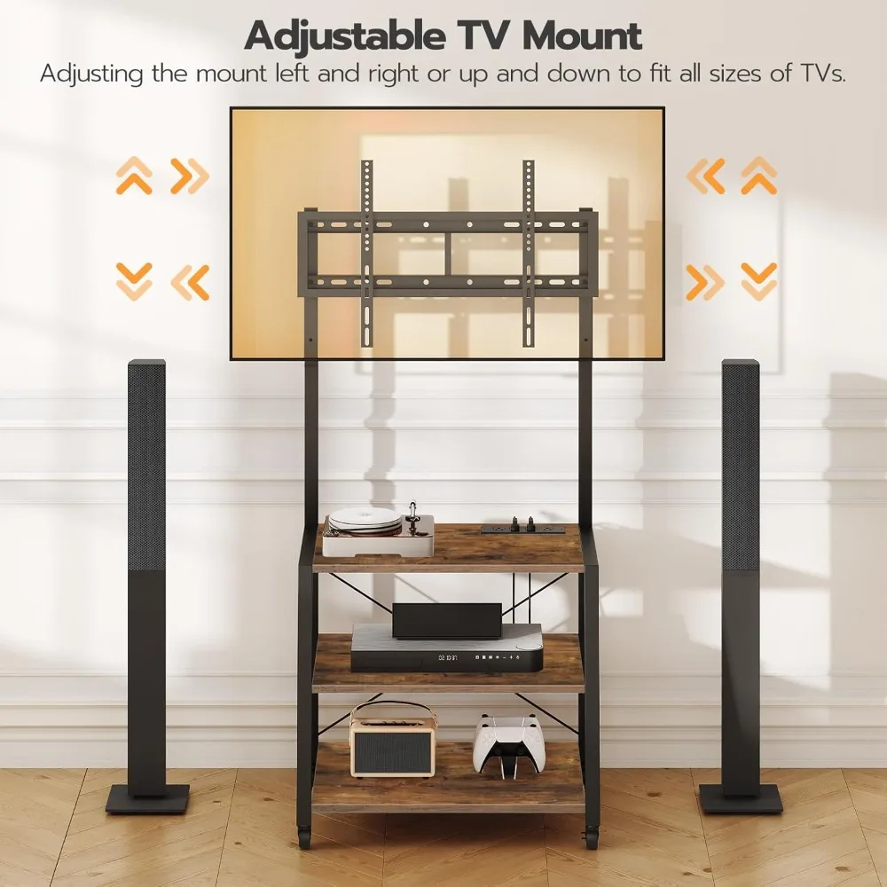 Rolling TV Stand with Mount and Power Outlet Up to 55 inch TVs,Small TV Stand with 3-Tier Storage Shelves 2