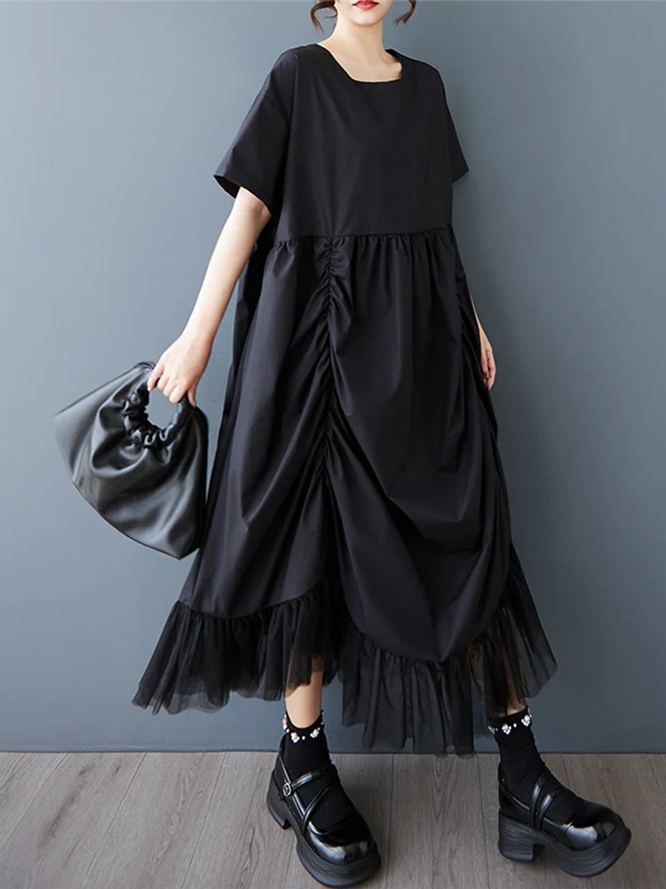 2025 Summer New Black Vintage Irregular Dresses For Women Fold Mesh Short Sleeves Loose Long Dress Elegant Fashion Clothing