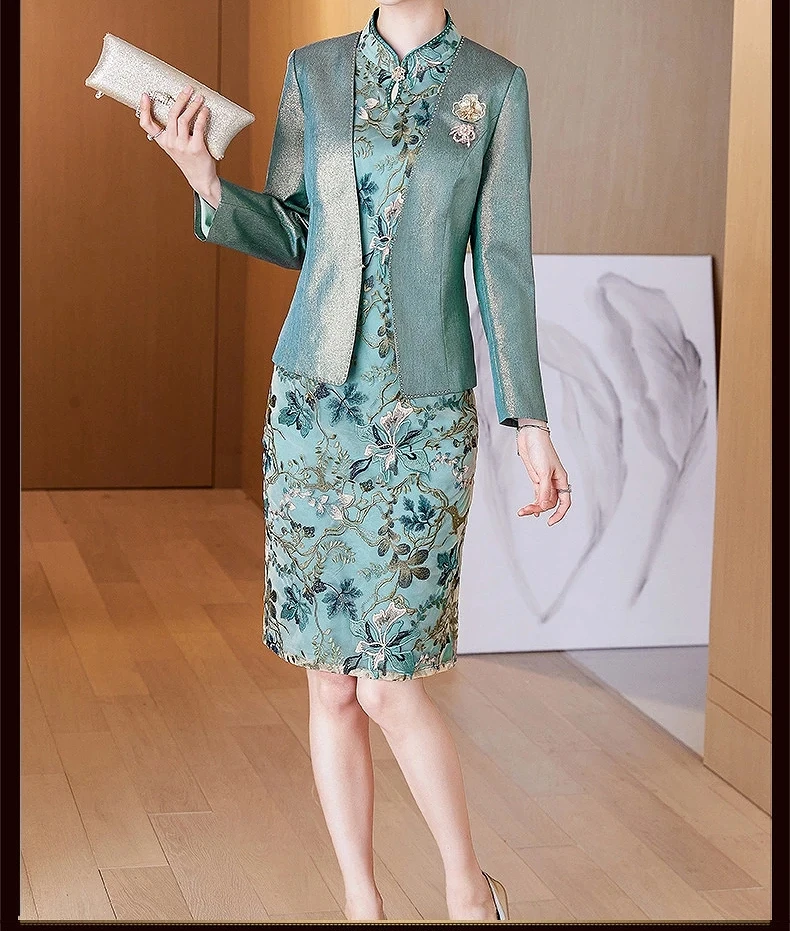 

Peacock Blue Short Mother of the Bride Dress With Jacket Satin Lace 2 Pieces Wedding Ceremony Evening Mother Gowns Elegant New