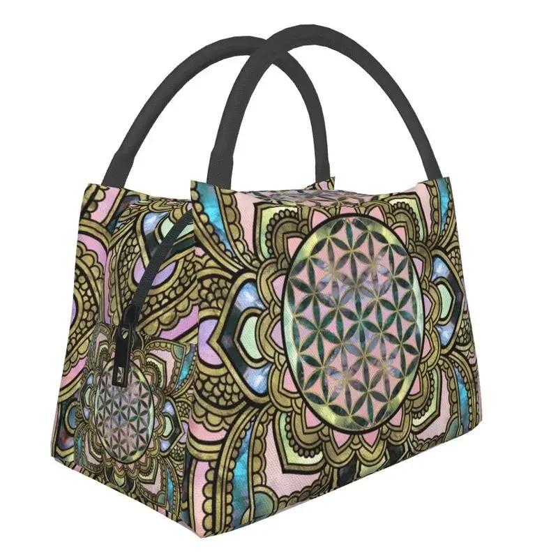 

Mandala Spiritual Flower Of Life In Lotus Insulated Lunch Bags for Women Portable Sacred Geometry Meditation Thermal Lunch Tote