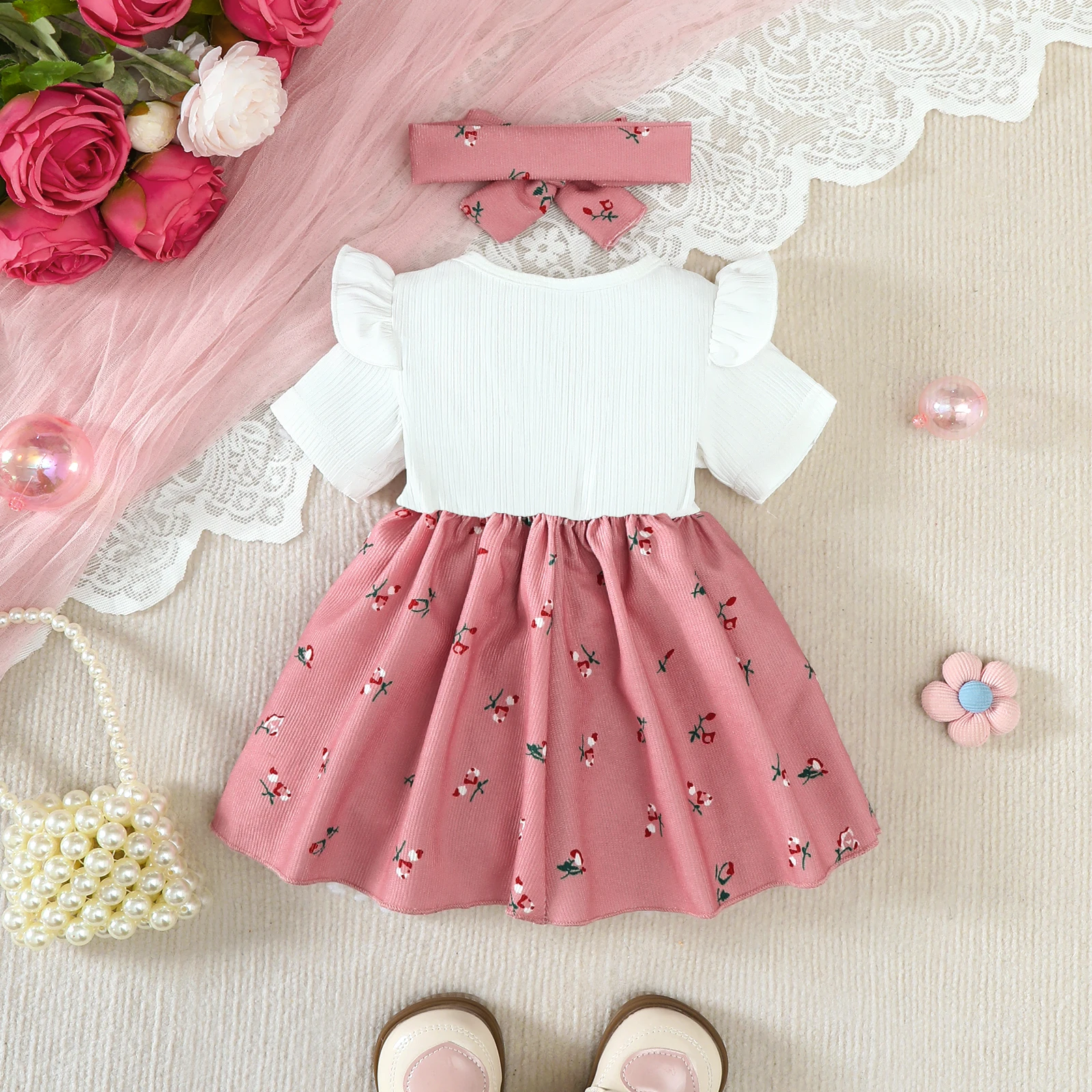 2PCS Infant Baby Girl Pink Cherry Print Ruffle Short Sleeve Dress + Headbandr for 0-2Y Toddler Sweet Summer Princess Dress 2