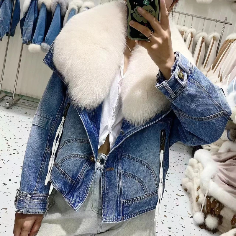 

2023 Winter Down Women Jackets Real Fur Coat Fashion Natural Fox Collar Detachable Denim White Goose Down Inner Liner Streetwear