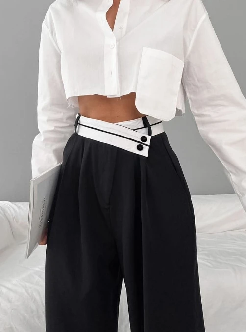 2023 New Fashion Commuting Versatility High Waist Contrast Color Suit Pants Women Casual Drape Floor Mop Pants Wide Leg Pants