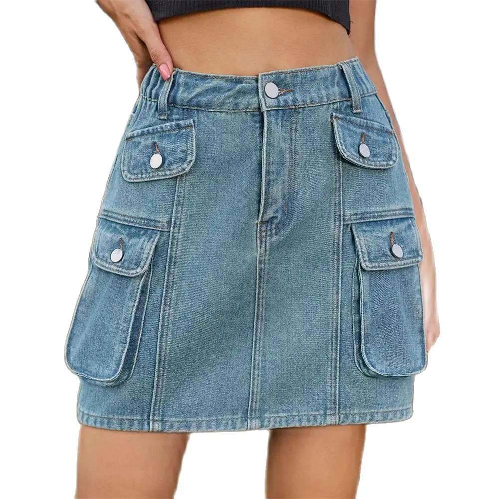 

Summer 2024 Euro-American Style Cowboy Midiskirt Women/Girl High Waist Pocket Vintage Do Old Washed Wrap Hip Cargo Denim Skirts