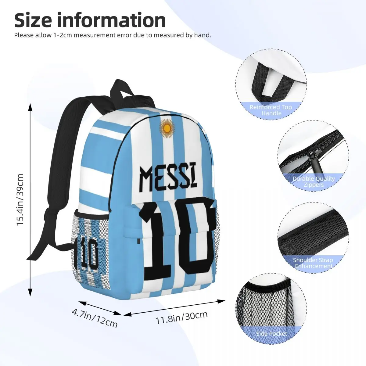 White-Blue Style Messi No.10 For Girls Boys Large Capacity Student Backpack Lightweight waterproof Backpack 15inch 4