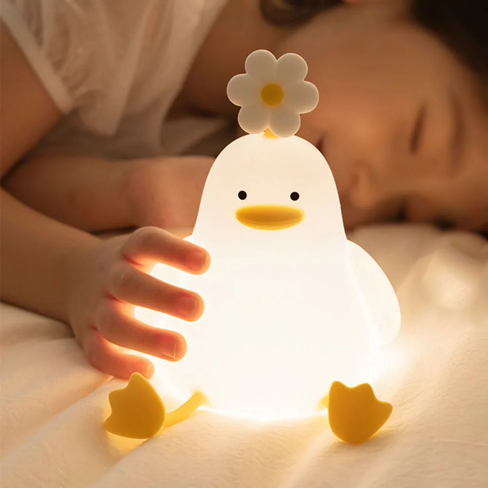

Cute Flower Duck Night Light Warm Soft LED Small Table Lamp Rechargeable Household Bedside Decor Gift Silicone 110x131x147mm