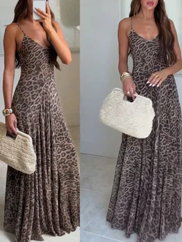 Summer Women Vintage Leopard Print Suspender Dress Sleeveless Backless High Waist Slim V Neck Long Dress Chic Maxi Robe