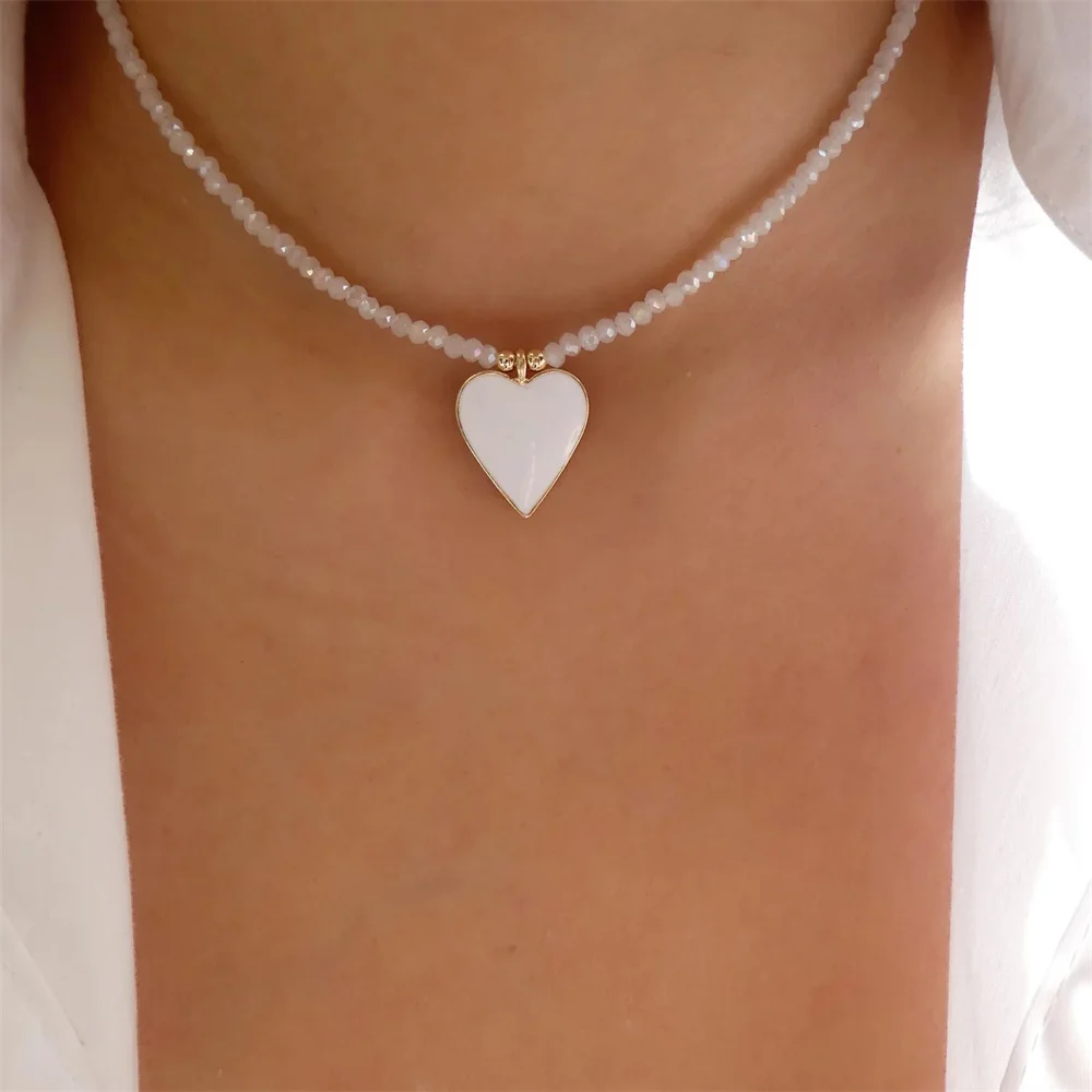 Bohemian Handmade DIY Rose Colour Beads Chain Fashion Short Necklaces For Women Big Heart Pendant Chain Choker Necklace Jewelry - Image 5