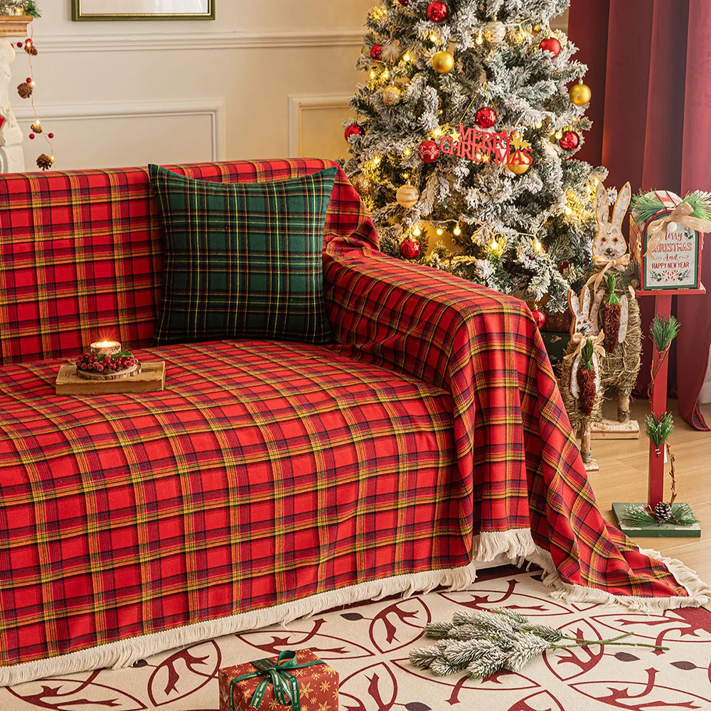 71x118in Retro pastoral tassels New red and green Scottish Plaid Christmas sofatowel is suitable for soft touch of two-seat sofa 5