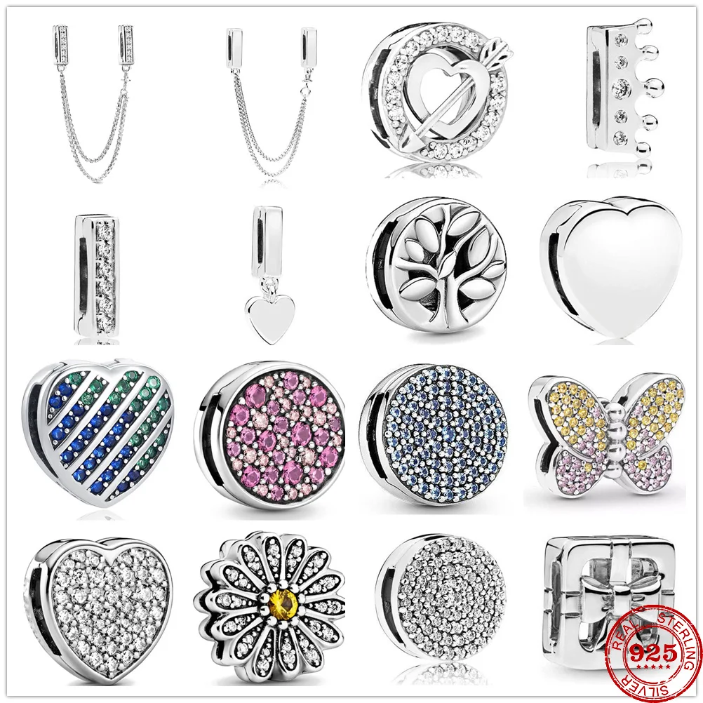 S925 Argento Riflessi Clip Perline Charms Rotondo Cristallo Corona Cuore Fiore Farfalla Perline Fit Originale Pandora Donne Braccialetto