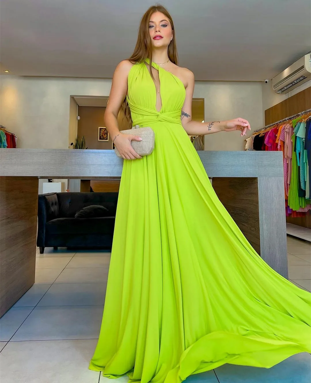 

Classy Long Green One Shoulder Chiffon Evening Dresses A-Line Pleated Floor Length Vestidos de noite Prom Formal Dress for Women