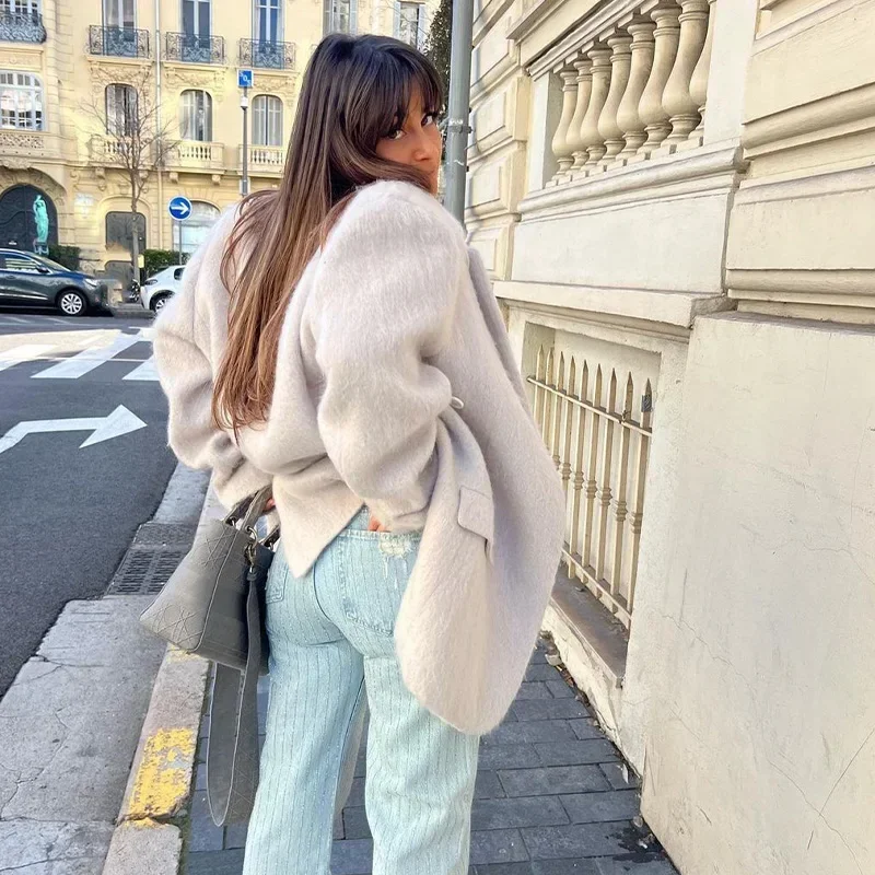 White Mohair Blazer Coat Women Loose Lapel Single-breasted Long Sleeve Thick Warm Jackets 2025 New Office Lady Street Outerwear 6 White Mohair Blazer Coat Women Loose Lapel Single-breasted Long Sleeve Thick Warm Jackets 2025 New Office Lady Street Outerwear