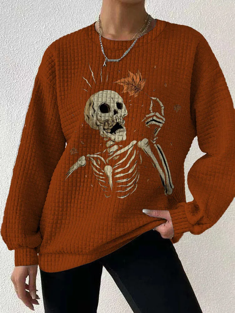 Fashion Casual Office Top Female Sweatshirt Pullover Autumn Women Long Sleeve Waffle Printing Pattern Knitted Jumper Hoodie