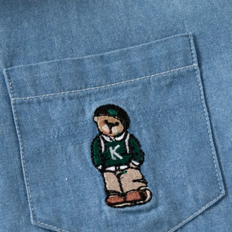 Autumn Children Boy Shirts Baby Blue Cowboy Embroidery Bear Long Sleeve Lapel Coat Top Fashion Party Outifits kids shirts boys shirts