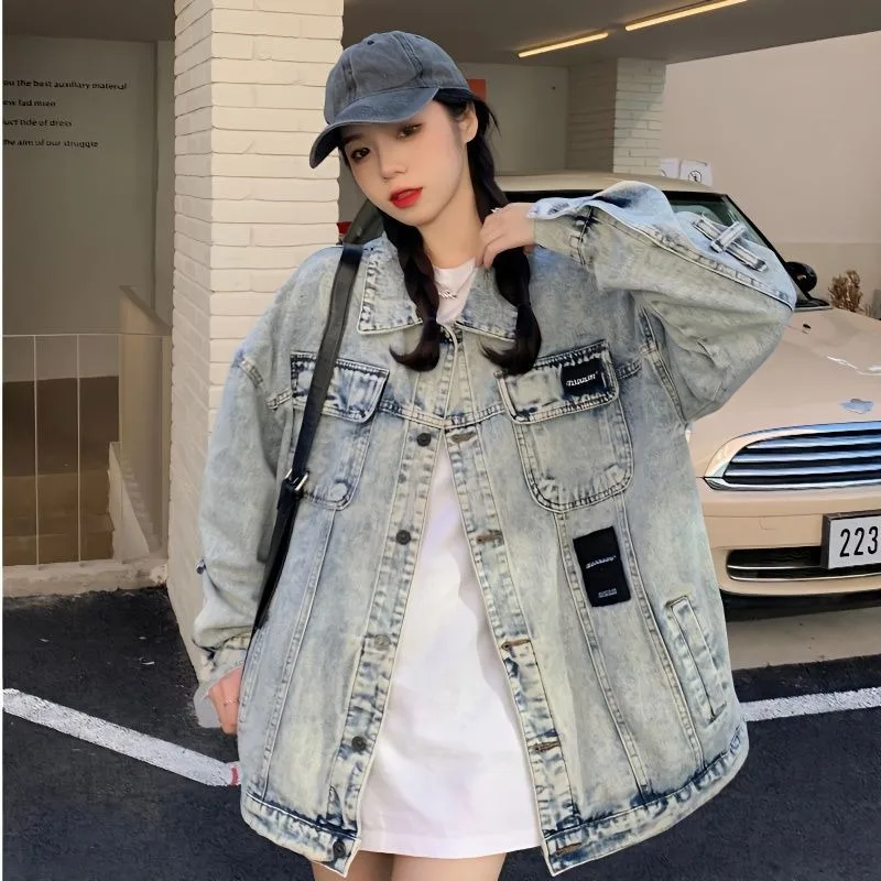 

Retro Denim Jacket for Women, Hong Kong Style, Distressed Coat, Fashionable Minority, Preppy Style, Leisure Loose Coat, Spring a